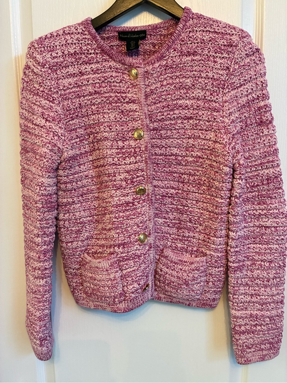 House of Harlow 1960 Pink Textured Knit Cardigan with Gold Buttons